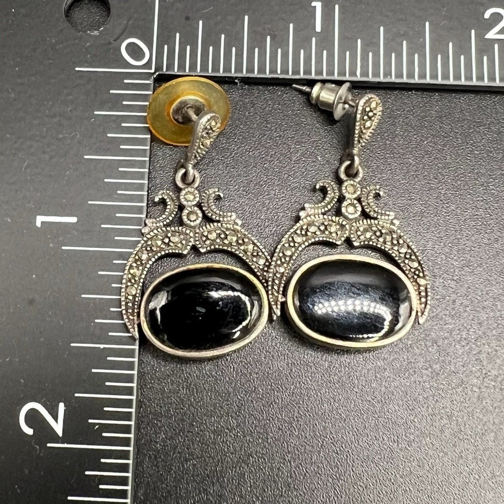 925 Sterling Silver Marcasite Reversible Black Onyx Mother of Pearl Earrings - Picture 7 of 8